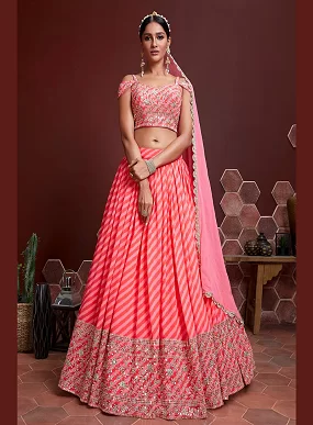 Heavy Coral Pink Wedding Lehenga in Organza with Cold-Shoulder Blouse & Pearl Lace Dupatta | Bridal & Festive Wear Set