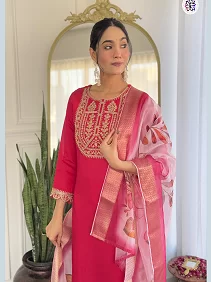 Women's Viscose Reyon Embroidered Top and Bottom Set with Printed Jacquard Butti Dupatta | Size S to 3XL | Pinkish Red Suit Set