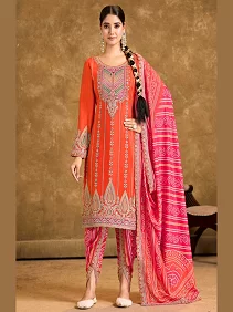 Women's Pure Chinon Silk Kurti with Dhoti and Dupatta Set | 3-Piece Ethnic Set with 5mm Sequins Embroidery  | Orange | Size - M, L, XL, XXL