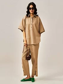 Premium Cotton Slub Co-Ord Set for Women | Stylish Bold Shade Top & Pant with Side Buttons & Pockets | Light Beige Colour | Casual Wear | Size- M, L, XL, XXL