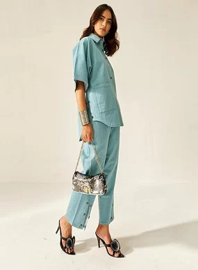 Premium Cotton Slub Co-Ord Set for Women | Stylish Bold Shade Top & Pant with Side Buttons & Pockets | Sky Blue Colour | Casual Wear | Size- M, L, XL, XXL