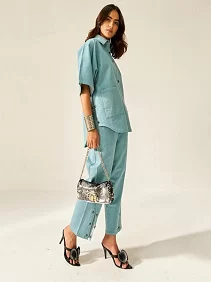 Premium Cotton Slub Co-Ord Set for Women | Stylish Bold Shade Top & Pant with Side Buttons & Pockets | Sky Blue Colour | Casual Wear | Size- M, L, XL, XXL