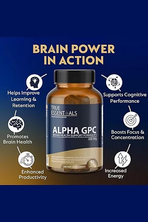 True Essential Alpha GPC 300mg 60 Capsules |Helps Improve Learning And Retention Supports Conginitive Performance Supports Brain Health- Pack Of 1