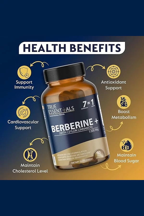 True Essential Berberine 1200mg| Advanced 7 in 1 Formulation, Supports Glucose Metabolism,Maintain Insulin Senstivity|90 Capsules- Pack of 1