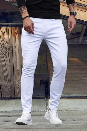 Men Slim Mid Rise White Jeans | LUMINOIRE