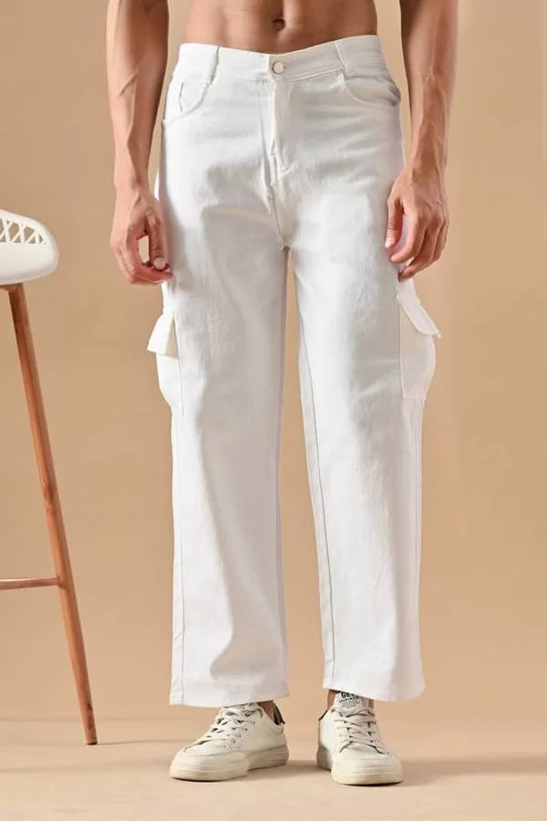 Men Loose Fit Mid Rise White Jeans