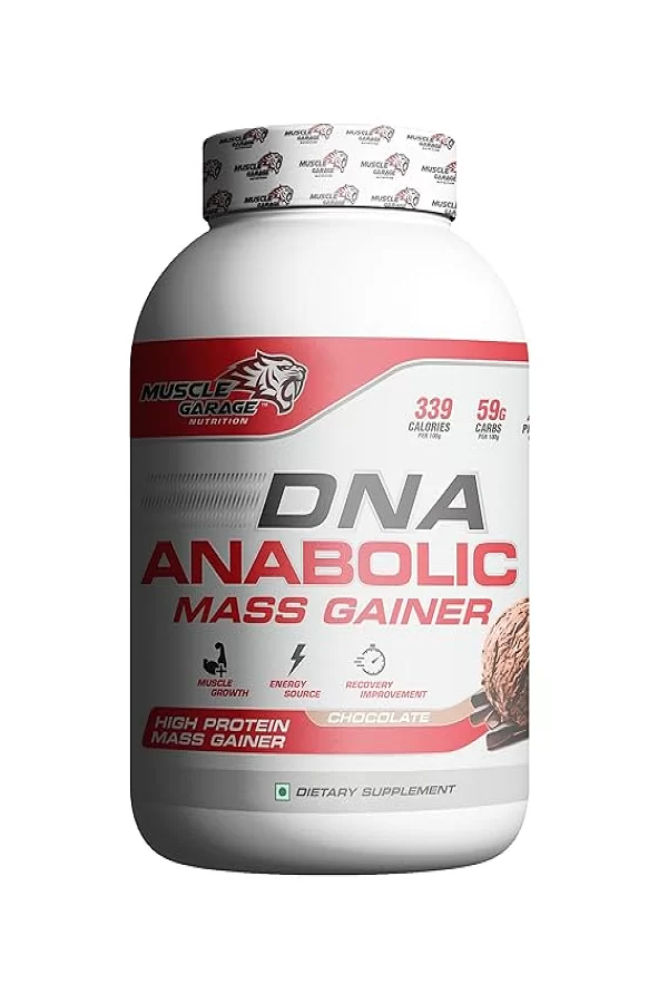 Muscle Garage DNA Anabolic Mass Gainer | High Protein Weight Gainer Powder with 339 Calories, 21g Cabs | Muscle Building & Recovery Supplement | Chocolate Flavor | 900 gms