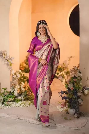 Soft & Pure Banarasi Silk Saree with Meena Floral Weaving, Zari Border & Rich Pallu | Traditional Silk Saree for Weddings & Festivals