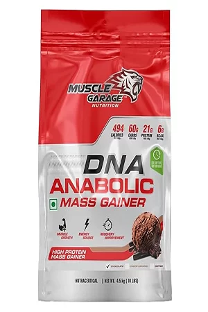Muscle Garage DNA Anabolic Mass Gainer | High Protein Weight Gainer Powder for Muscle Growth & Recovery| With Creatine, BCAAs & Vitamins | 4.5 Kg (4.5 kg, chocolate)