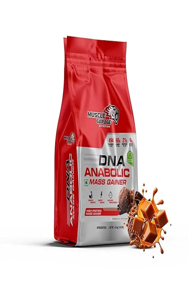 Muscle Garage DNA Anabolic Mass Gainer | High Protein Weight Gainer Powder for Muscle Growth & Recovery| With Creatine, BCAAs & Vitamins | 4.5 Kg (4.5 kg, Choco Caramel)