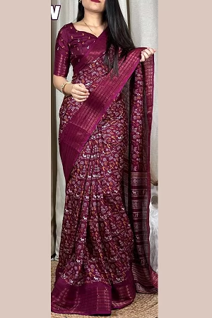 Magenta Purple Kalamkari Print Cotton Saree for Women – Soft Cotton Saree with Sequin & Zari Border and Printed Blouse