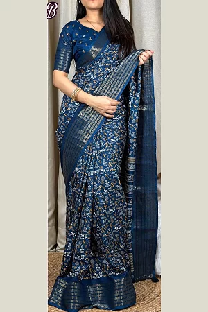 Regal Blue Kalamkari Print Cotton Saree for Women – Soft Cotton Saree with Sequin & Zari Border and Printed Blouse