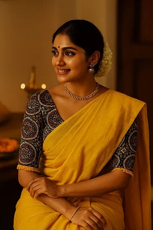 Yellow Colour Pure Khadi Cotton Saree for Women – Handloom Cotton Saree with Handmade Latkan & Hand-Painted Cotton Blouse