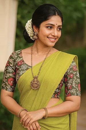 Green, Mul Kashmiri Cotton Saree with Kalamkari Print – Soft Silk Touch Cotton Saree with Beautiful Latkan