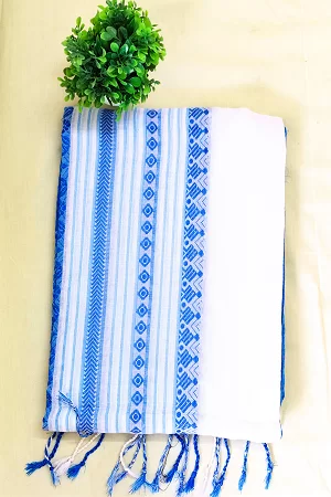 Begampuri Soft Handloom Tant Saree – White & Light Blue Beauty