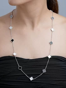 Black and White Clover Long Pendant Chain