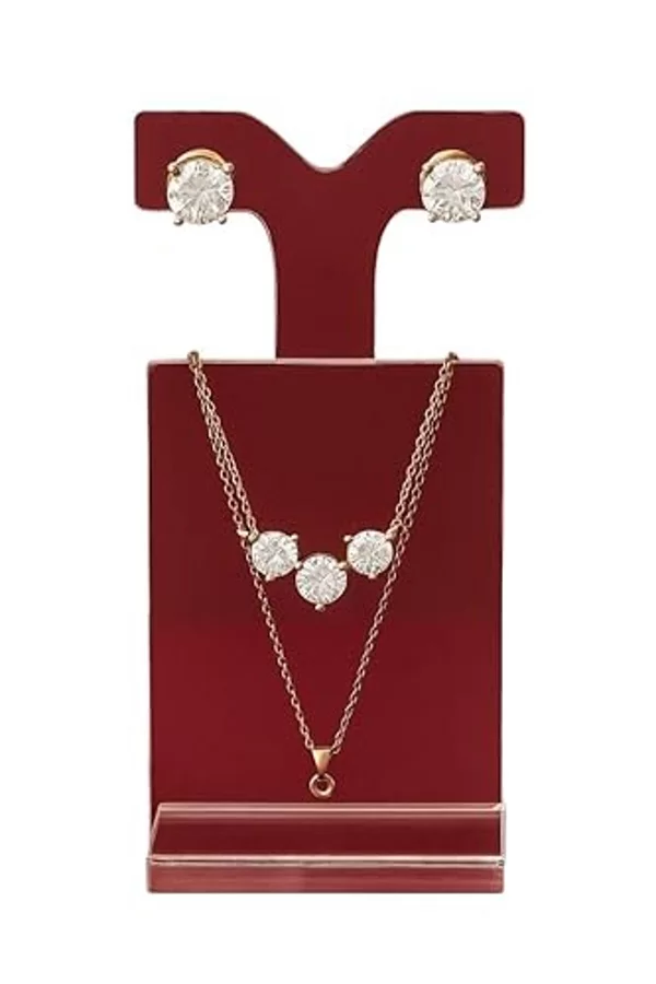 Crystal Pendant Necklace and Earrings Set – Gold Plated, 3-Stone Design – Perfect for Bridesmaid, Party, or Gift