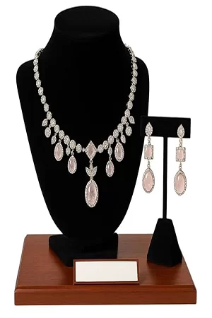 Women's Elegant Rose Quartz Drop Jewelry Set – Crystal Rhinestone Necklace & Earrings, Silver Tone