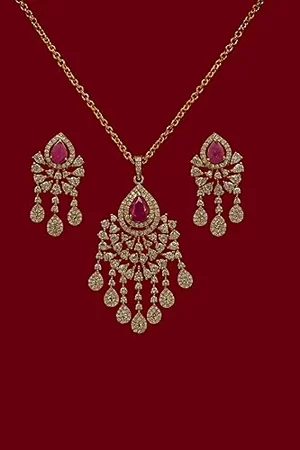 Luxury Ruby and Diamond Necklace Earring Set | Gold-Plated Bridal Jewelry for Engagement, Reception, Functions