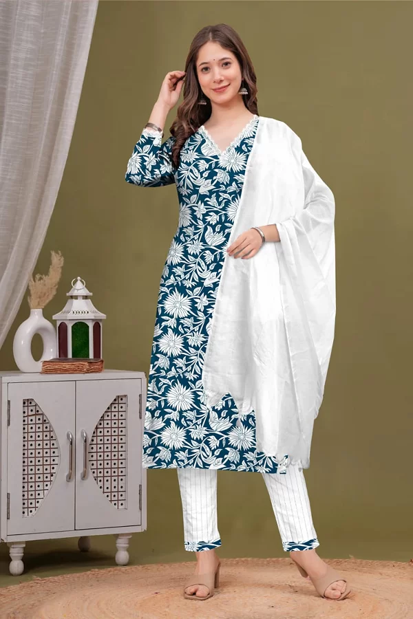 Cotton printed kurti trouser dupatta set  Long kurti