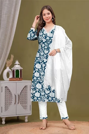 Cotton printed kurti trouser dupatta set  Long kurti